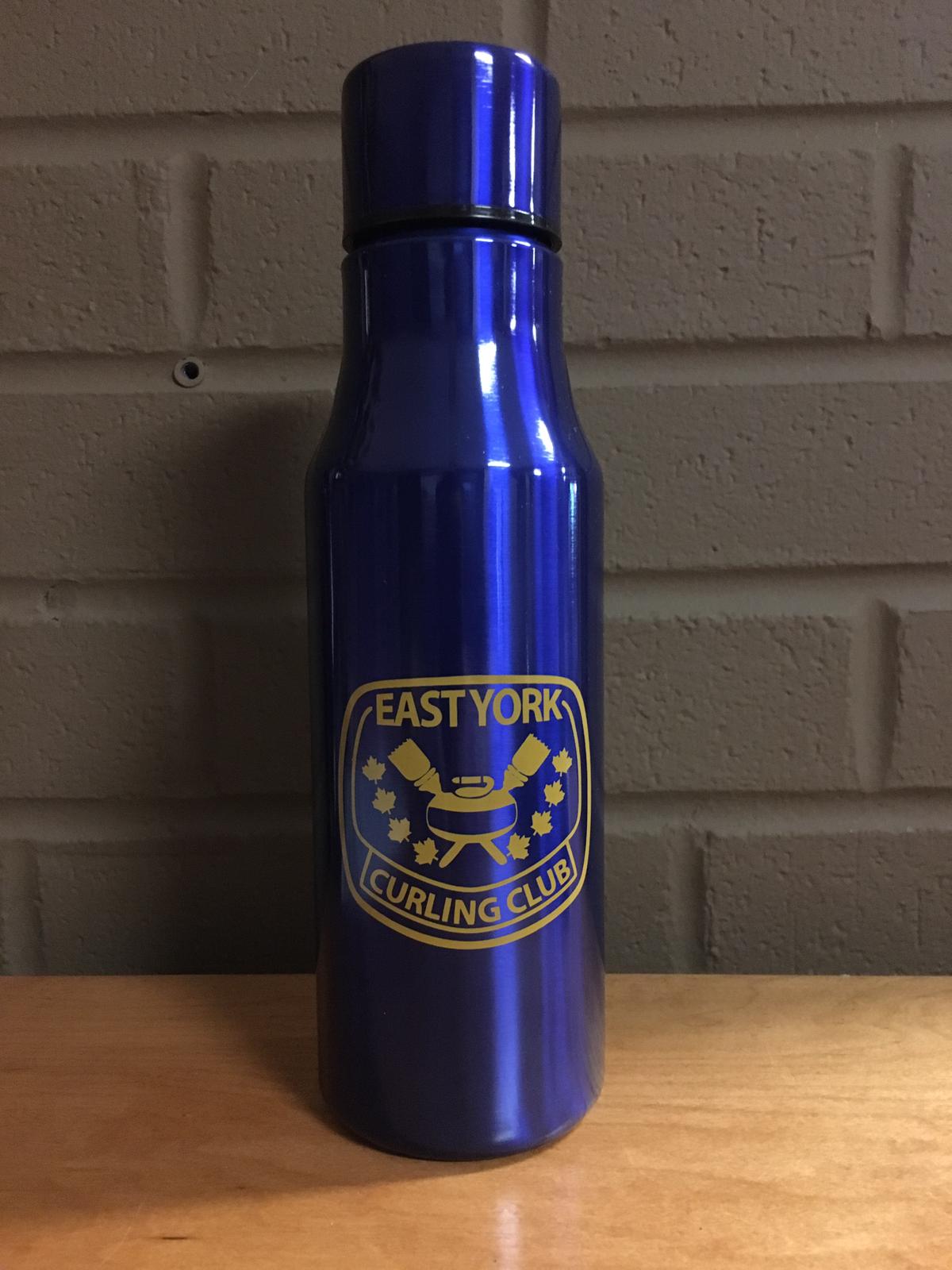 photo of blue water bottle with gold east york curling club logo